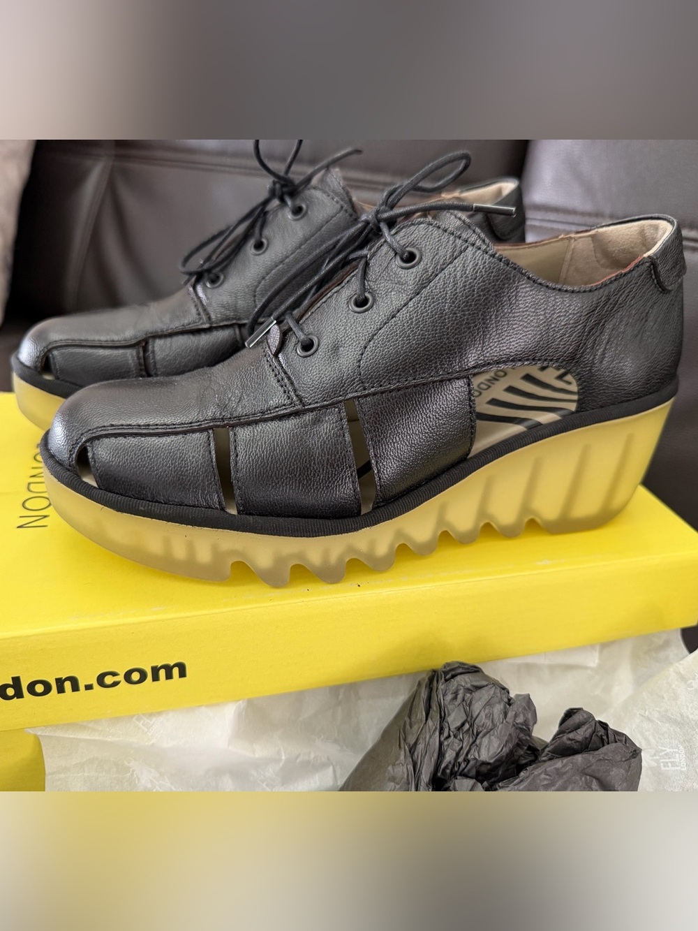 Fly London Black Leather Oxford Sandal with clear Rubber Wedge Sole